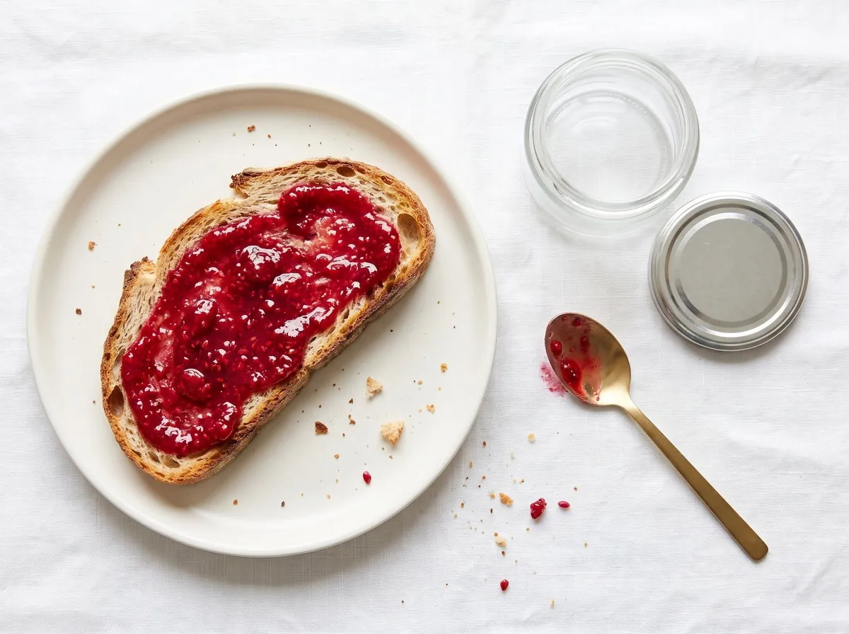 Brotscheibe mit rotem Fruchtaufstrich, daneben ein geöffnetes Glas und ein Löffel