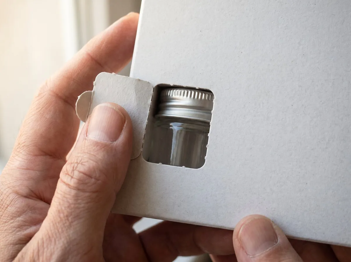Hände öffnen ein Türchen aus Karton, darunter erscheint der Deckel eines kleinen Glases